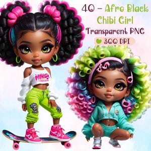 40 Afro Chibi Girl PNG Bundle – Afrykańska Chibi Doll Digital Art – Słodka Czarna Dziewczyna Clipart - Czarna Dziewczyna Grafika Chibi Postać PNG zestaw