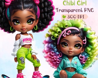 Paquete PNG de Chica Chibi Afro: 40 gráficos de muñecas africanas (arte digital)