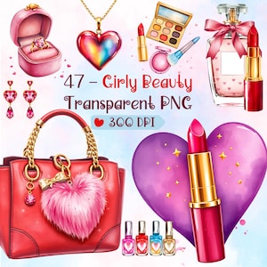47 Girly Beauty Fashion PNG-bundel, digitale planner vrouwelijke make-up cosmetische clipart, levendige aquarel mode meisje sticker schattige girly png