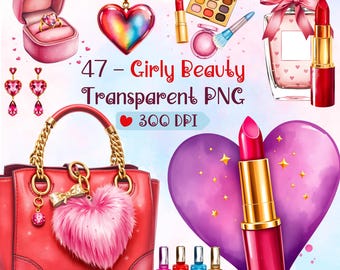 Girly Beauty Fashion PNG Bundle, Watercolor Cosmetic Clipart (Digital Download)