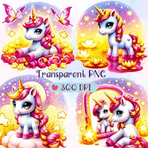 24 Baby Unicorn Watercolor PNG Clipart Bundle - Cute Rainbow Unicorn Art, Animal Clipart, Watercolor Unicorn, Sublimation and Digital Crafts