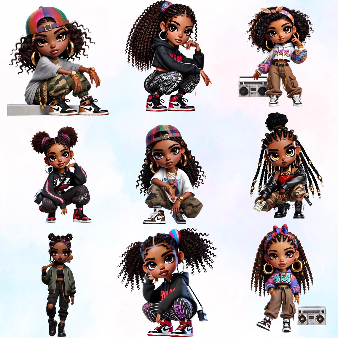 21 Afro Hip-hop Chibi Girl Clipart, Urban Style Characters, Graffiti ...