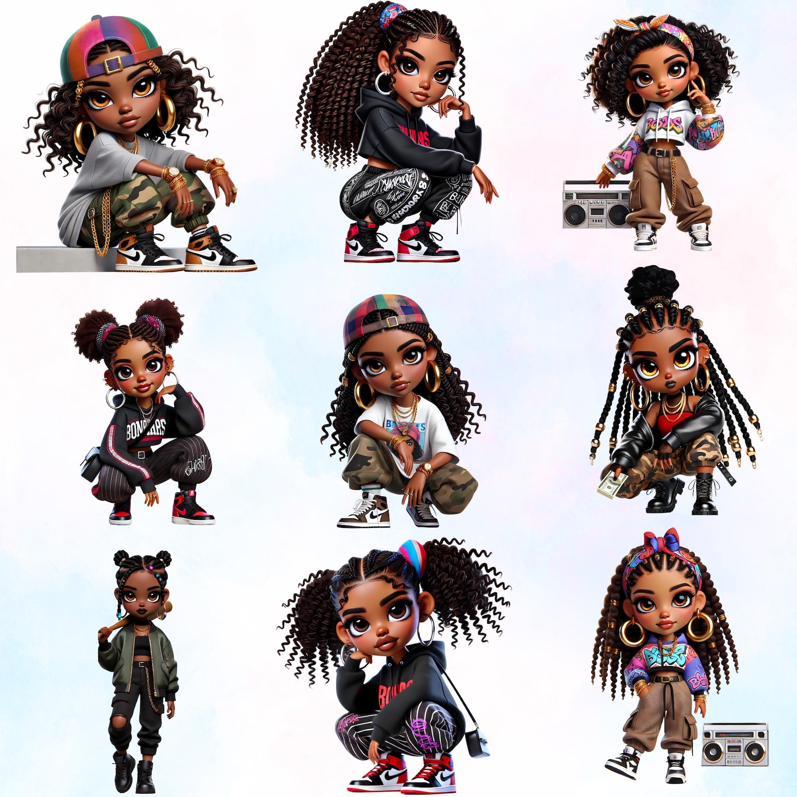 21 Afro Hip-hop Chibi Girl Clipart, Urban Style Characters, Graffiti ...