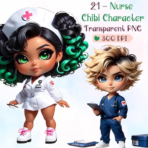 21 Nurse Chibi Character Clipart - Medical Staff PNG Bundle, Healthcare Illustrations, Cute Nurse Art for Scrapbooking, Digital Download
