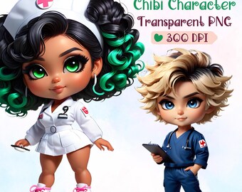 Clipart de Enfermeira Chibi – Pacote de PNGs para Equipe Médica (Download Digital)