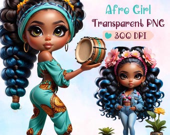 Chibi Afro Girl Clipart – 17 Doll PNG Graphics (Digital Download)