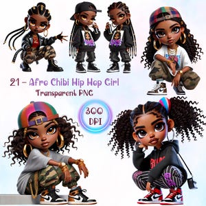 21 Afro Hip-Hop Chibi Girl Clipart, Urban Style Characters, Graffiti Design PNG, Hip-Hop Fashion Girl Digital Art, African Rapper Chibi Girl