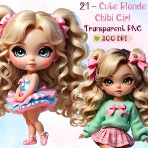 21 かわいい金髪のちび人形のクリップアート、ちびキャラクター PNG セット、ゴージャスな金髪の女の赤ちゃんのちびのクリップアート、小さな女の子の PNG、ちびのクリップアート PNG