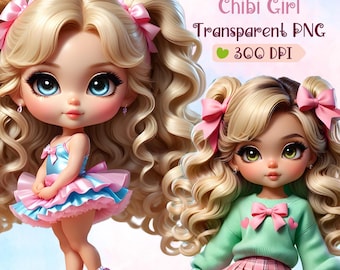21 schattige blonde chibi-pop clipart, chibi-tekenset png, prachtige blonde babymeisje chibi clipart, klein meisje png, chibi clipart png