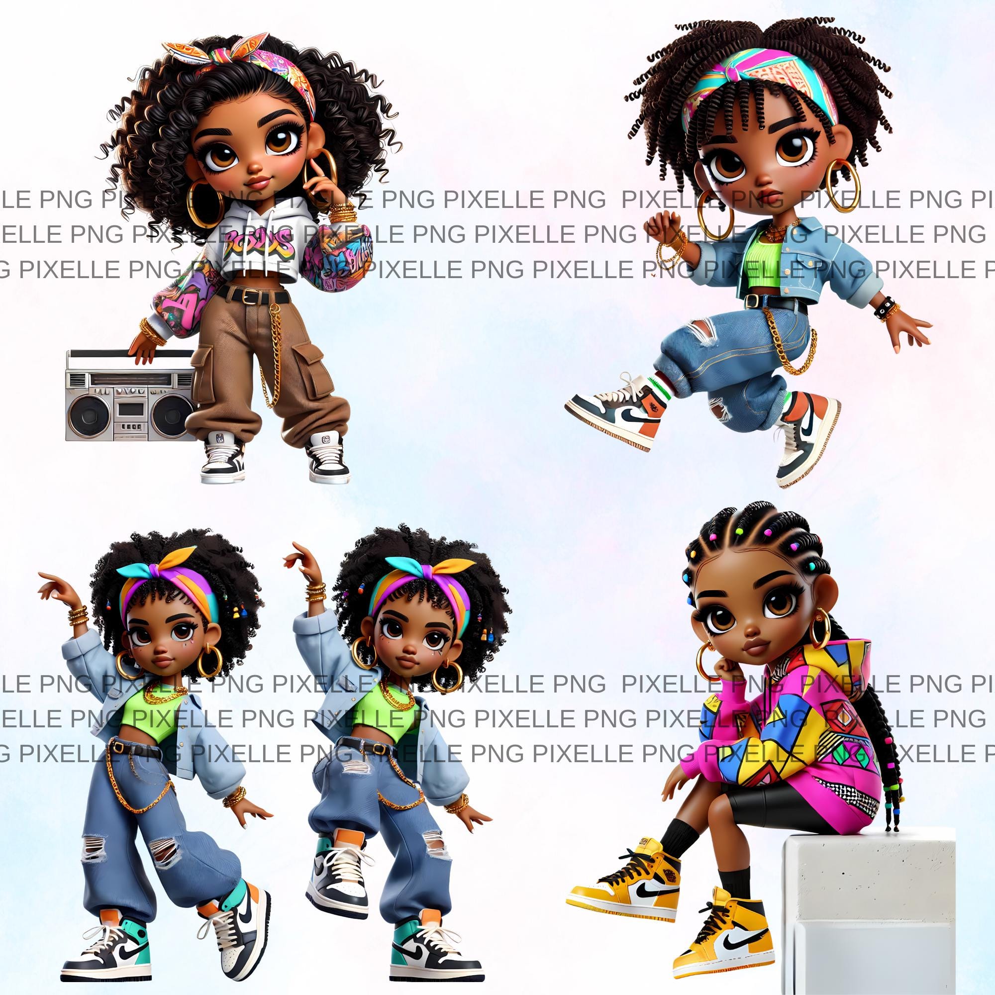 21 Afro Hip-hop Chibi Girl Clipart, Urban Style Characters, Graffiti ...
