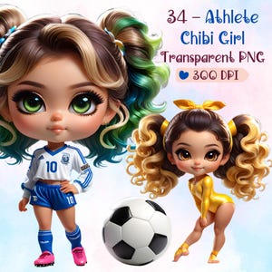 34 Chibi Clipart Athlete Girl PNG Bundle – Cute Chibi Character Sports - High-Resolution Sports Clipart – Digital Art Stickers Sublimation