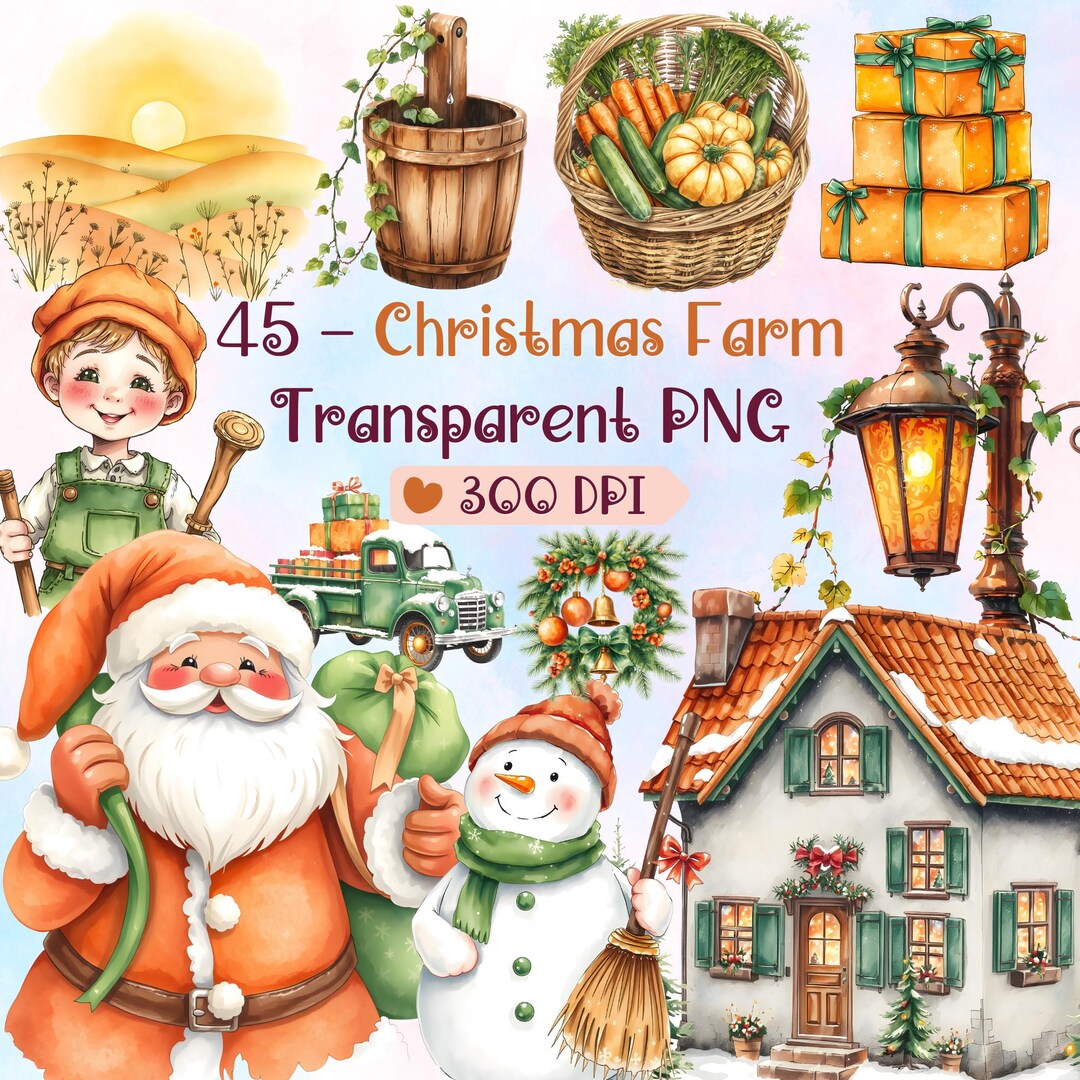 Christmas Village PNG Clipart Bundle – Rustic Farmhouse Illustrations ...