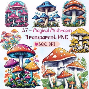 37 Magical Mushroom PNG Bundle – Whimsical Watercolor Mushroom PNG for Wall Decor, Junk Journals, Sublimation, Stickers, Scrapbooking