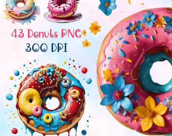 Watercolor Donut Clipart Bundle – 43 Dessert PNG Graphics (Instant Download)