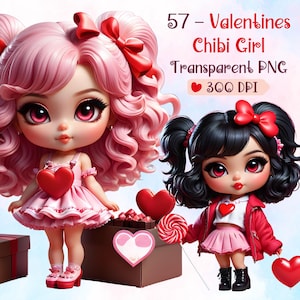57 Valentine’s Day Chibi Girl Clipart PNG Bundle – High-Resolution Cute Chibi Character Clipart – Transparent Background Chibi Doll PNG Set