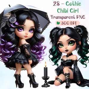 28 Gothic Chibi Girl Clipart Bundle - Victorian Gothic PNG, Dark Academia, Magic Fantasy, Junk Journal, Halloween Clipart, Commercial Use
