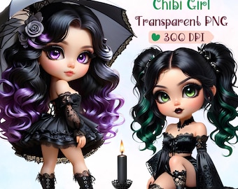 May include: Two gothic chibi girls with black hair and dresses. One girl has purple hair and is holding a black umbrella. The other girl has green hair and is kneeling. Both girls have large eyes and are wearing black boots.