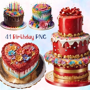 41 Birthday Cake Clipart Bundle, High-Quality Watercolor Celebration PNG, Digital Download Party Decor sticker, Card Making, Junk Journaling