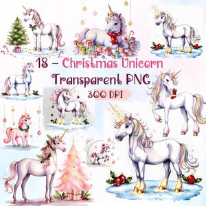 18 Christmas Unicorn PNG Clipart Bundle – Watercolor Magical Holiday Unicorn – Christmas Tree, Ornaments, and Gifts – Transparent Background