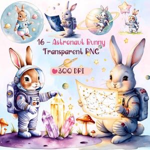16 Astronaut Bunny PNG Bundle, Adorable Space-Themed Watercolor Rabbit Clipart for Crafts, Scrapbooking, and Nursery decor, Whimsical Rabbit
