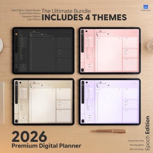 May include: Four tablets displaying a 2026 digital planner in four color themes: dark gray, dusty rose, espresso, and lilac. The text reads: The Ultimate Bundle INCLUDES 4 THEMES, 2026 Premium Digital Planner, Epoch Edition, Hyperlinked Tabs, Fast Navigation.
