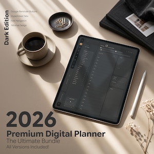 May include: A 2026 premium digital planner displayed on a tablet screen with a dark interface, featuring hyperlinked tabs and Google reminder buttons. Beside the tablet are a coffee cup, a small dish with paper clips, and a white stylus pen.