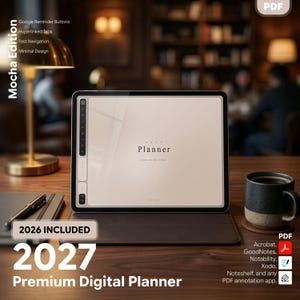 Peut inclure: Une tablette affichant un planificateur numérique 2027 avec une interface couleur moka, des onglets hyperliés et des boutons de rappel Google. L'écran affiche le texte 2027 Planner. Compatible avec Acrobat, GoodNotes, Notability, Xodo et Noteshelf.