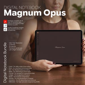 May include: A digital tablet displaying a dark brown interface with the text Magnum Opus. The screen features a sidebar menu and a central title. Surrounding text lists features including ultra-high resolution, 3 themes, 10 layouts, and compatibility with PDF annotation apps like GoodNotes and Notability.