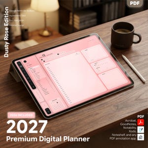 Puede incluir: Una agenda digital mostrada en la pantalla de una tableta con un esquema de color rosa empolvado, que incluye un horario diario, listas de tareas, rastreadores de hábitos y secciones de notas con pestañas con hipervínculos.
