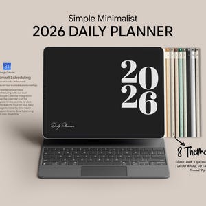 Puede incluir: Una agenda diaria digital para 2026 mostrada en una tableta con teclado. La pantalla muestra el año 2026 en una fuente blanca grande sobre un fondo negro. Ocho temas de agenda codificados por colores son visibles a la derecha con nombres.