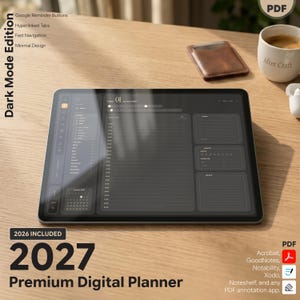 Op de afbeelding: Een digitale tablet met een dagplanner-interface in dark mode, inclusief een schema, takenlijst, gewoonte-tracker en notitiesectie. Het scherm toont de datum 01 januari 2027. Tekst op de afbeelding bevat Dark Mode Edition, 2026 Included, 2027 Premium Digital Planner en PDF.