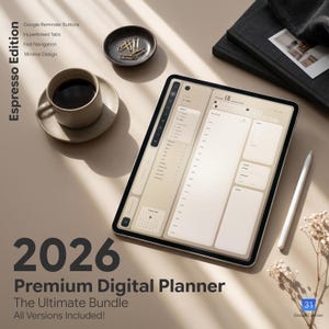 Peut inclure: Un agenda numérique 2026 affiché sur une tablette, présentant un emploi du temps quotidien, un calendrier et des sections de notes. Le texte indique Espresso Edition, 2026 Premium Digital Planner, The Ultimate Bundle et Google Calendar. Stylet inclus.