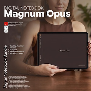 May include: A digital tablet displaying a dark brown interface with the text Magnum Opus. The screen features a sidebar menu and a central title. Text on the image lists features including ultra-high resolution, 3 themes, 10 layouts, portrait and landscape orientation, and compatibility with Acrobat, GoodNotes, Notability, Xodo, and Noteshelf.