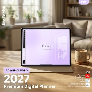 May include: A digital tablet displaying a 2027 planner with a light purple interface, featuring a vertical navigation bar on the left. The screen shows the text 2027 Planner. A beige mug with the text After Craft sits on a wooden surface nearby.