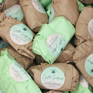 May include: A collection of wrapped packages in shades of brown and green. Each package is sealed with a round sticker that reads "Oyster Surprise" in elegant script. The packages are ready to use.