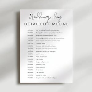 Può includere: Un programma dettagliato del giorno del matrimonio bianco con testo nero. La parte superiore della pagina recita "Wedding day DETAILED TIMELINE" in un carattere di scrittura. Il programma elenca gli orari della cerimonia, del ricevimento e di altri eventi.