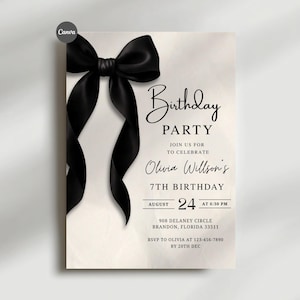 Black Bow Birthday Invitation Template, Elegant Party Invite (Editable Canva)