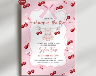 Invitación para baby shower "Ella es la cereza en la cima", invitación para baby shower "Niña Cereza", plantilla de invitación para baby shower "Cereza Rosa", invitación editable