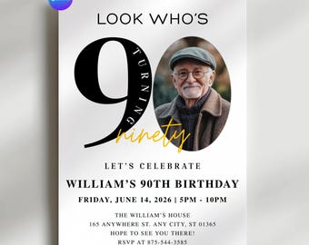 90th Birthday Invitation Template, Photo, Minimalist (Digital Download)