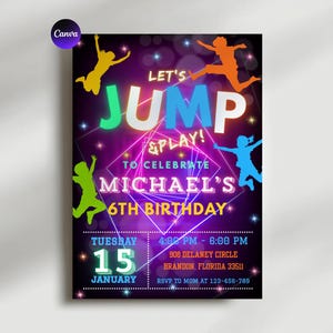 Puede incluir: Una vibrante invitación de cumpleaños con un fondo morado y negro. El diseño presenta las palabras "LET'S JUMP & PLAY!" y "MICHAEL'S 6TH BIRTHDAY". Incluye fecha, hora y lugar, con figuras de saltos coloridas.
