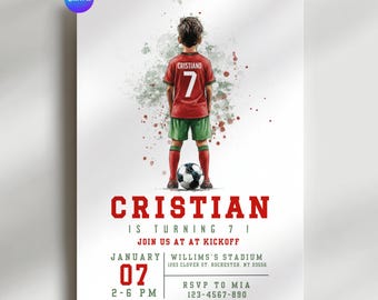 Invito di compleanno a tema calcio per ragazzo, Cristiano compie 7 anni, invito per festa di compleanno a tema calcio, biglietto di auguri di compleanno a tema sportivo, stampabile modificabile