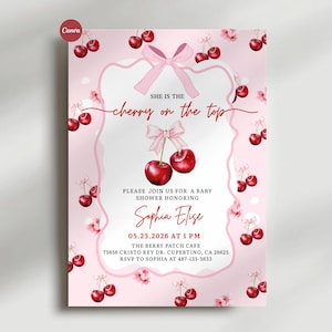 She Is the Cherry on Top Baby Shower Invitation, Cherry Girl Baby Shower Invite, Pink Cherry Baby Shower Invitation Template,Editable Invite
