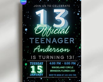 13Th Boy Birthday Invitation, 13Th Invitation, Official Teenager Invitation, 5x7 Canva NEWS1