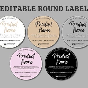 Puede incluir: Un conjunto de etiquetas redondas editables en beige, marrón claro, gris, rosa y negro. Cada etiqueta muestra "Your Brand Name" y "Product Name" en una fuente manuscrita. Las etiquetas incluyen listas de ingredientes e información del sitio web.