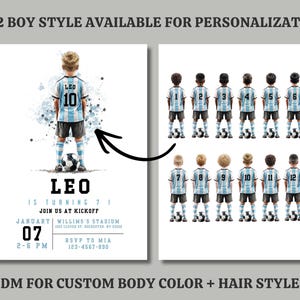 Könnte beinhalten: Eine personalisierte Einladung zum Thema Fußball mit einem Jungen in einem blau-weißem Trikot mit der Nummer 10, einem Fußball und dem Namen "LEO". Die Einladung enthält Eventdetails und den Text "12 BOY STYLE AVAILABLE FOR PERSONALIZATION".