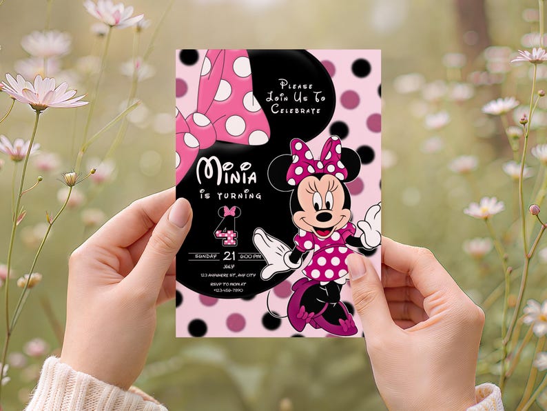 Pink Polka Dot Minnie Mouse Birthday Invitation, Cute Mouse Bday, Boho ...