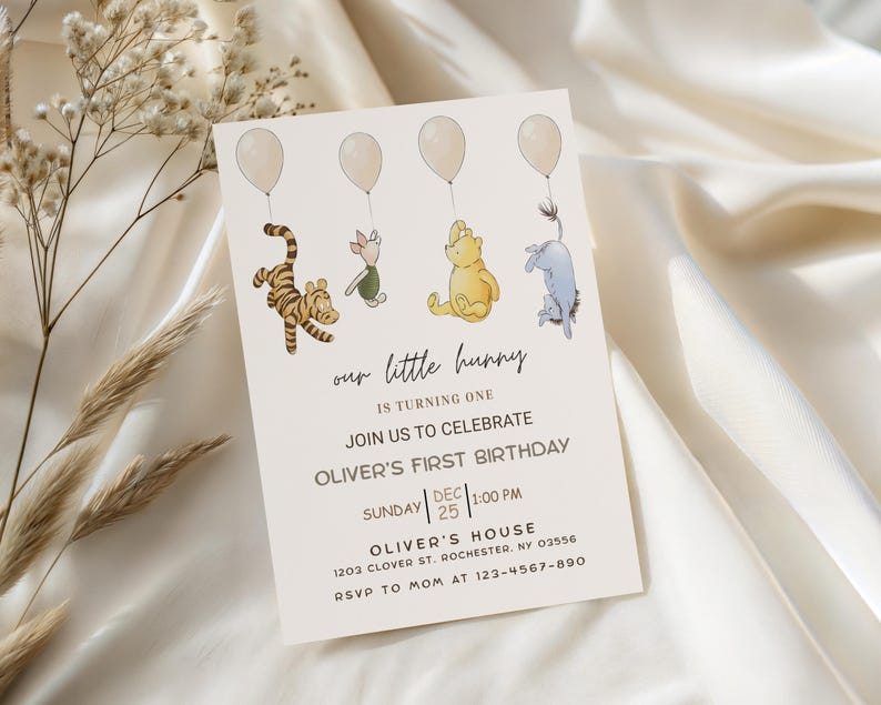 classic pooh bear, vintage winnie, winnie the pooh baby, pooh birthday, turning one year, winnie bday invite, winnie bday party, classic winnie, kids bday invite, first bday invite, pooh evite, winnie pooh invite, pooh invitation