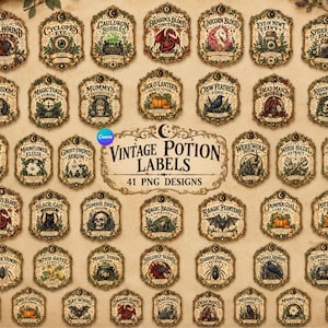 Może przedstawiać: Kolekcja etykiet na mikstury w stylu vintage z ozdobnymi obramowaniami i ilustracjami magicznych stworzeń, roślin oraz czaszek. Centralny tekst brzmi Vintage Potion Labels 41 PNG Designs, otoczony różnymi etykietami, takimi jak Hellhound Hair, Unicorn Blood i Zombie Brew.