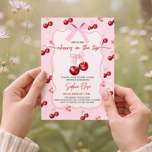 cherry on top invite,rsvp baby shower,cherry bow baby,cherry baby invite,she's our cherry on,mon cheri invite,cuteipie baby shower,hand drawn cherry,cherry on top shower,berry baby shower,cherry coquette,she's the cherry,cherry theme