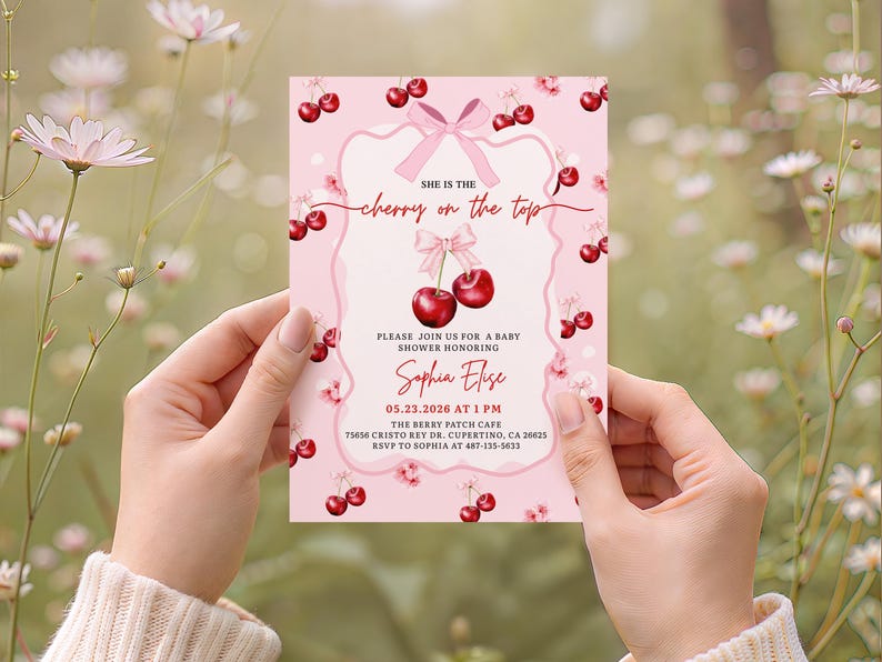 cherry on top invite,rsvp baby shower,cherry bow baby,cherry baby invite,she's our cherry on,mon cheri invite,cuteipie baby shower,hand drawn cherry,cherry on top shower,berry baby shower,cherry coquette,she's the cherry,cherry theme